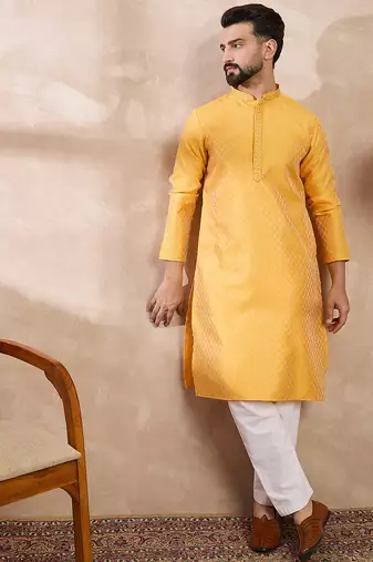 Men yellow silk blend solid embroidered straight kurta with trouser