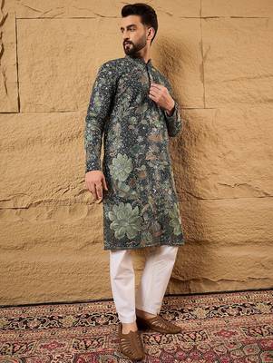 Men green georgette solid embroidered straight kurta 3