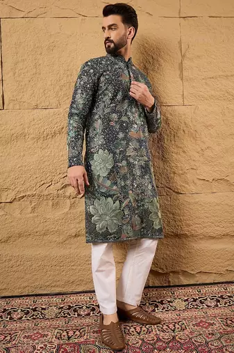 Men green georgette solid embroidered straight kurta