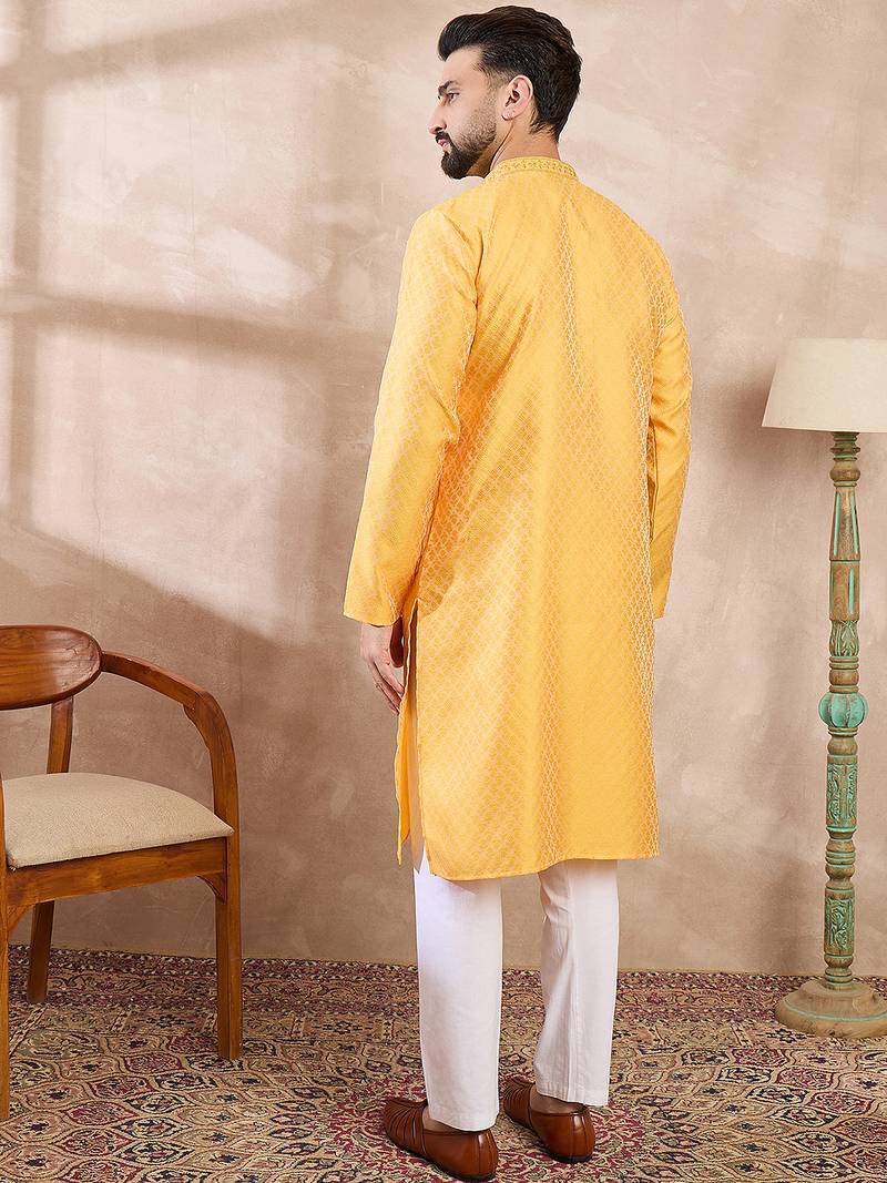 Men yellow silk blend solid embroidered straight kurta with trouser