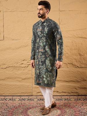 Men green georgette solid embroidered straight kurta 4