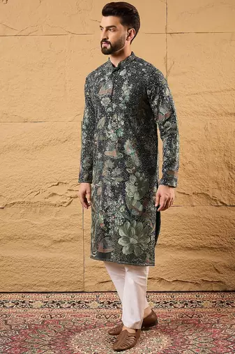 Men green georgette solid embroidered straight kurta