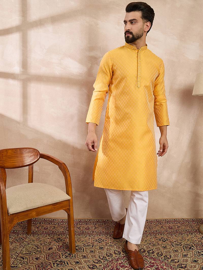 Men yellow silk blend solid embroidered straight kurta with trouser