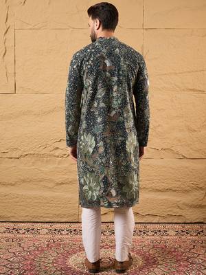Men green georgette solid embroidered straight kurta 5