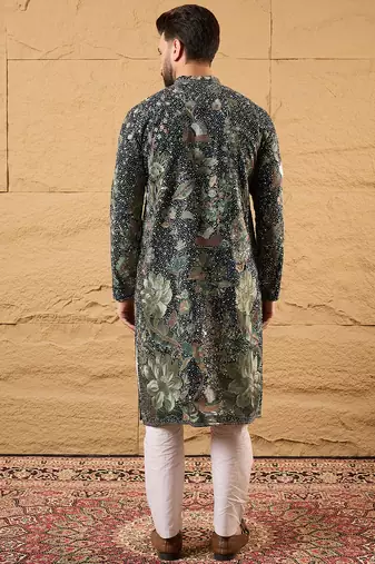Men green georgette solid embroidered straight kurta