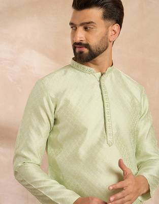 Men teal polyester solid embroidered straight kurta sets 1