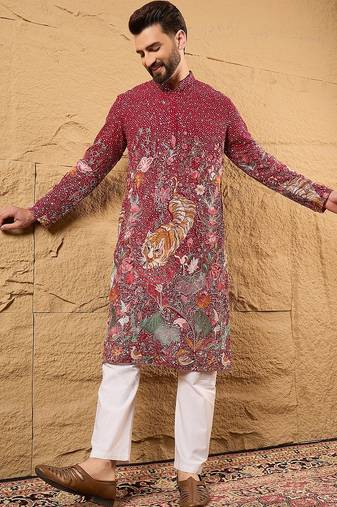 Men pink georgette solid embroidered straight kurta