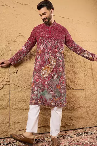 Men pink georgette solid embroidered straight kurta