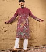 Men pink georgette solid embroidered straight kurta