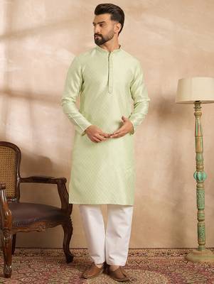 Men teal polyester solid embroidered straight kurta sets 2