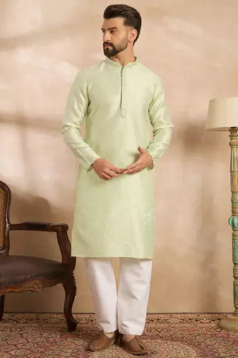 Men teal polyester solid embroidered straight kurta sets