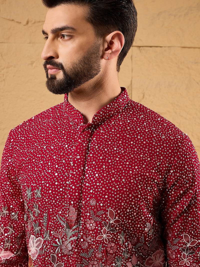 Men pink georgette solid embroidered straight kurta