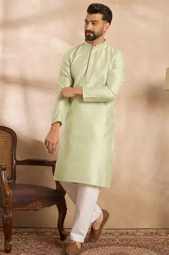 Men teal polyester solid embroidered straight kurta sets
