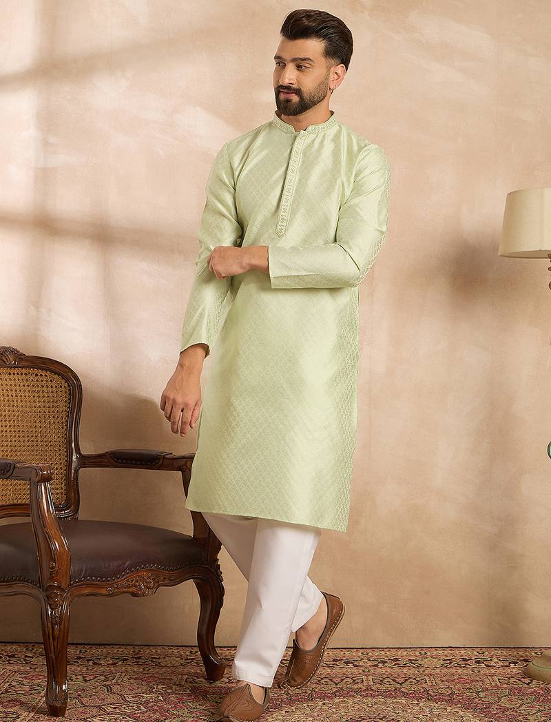 Men teal polyester solid embroidered straight kurta sets