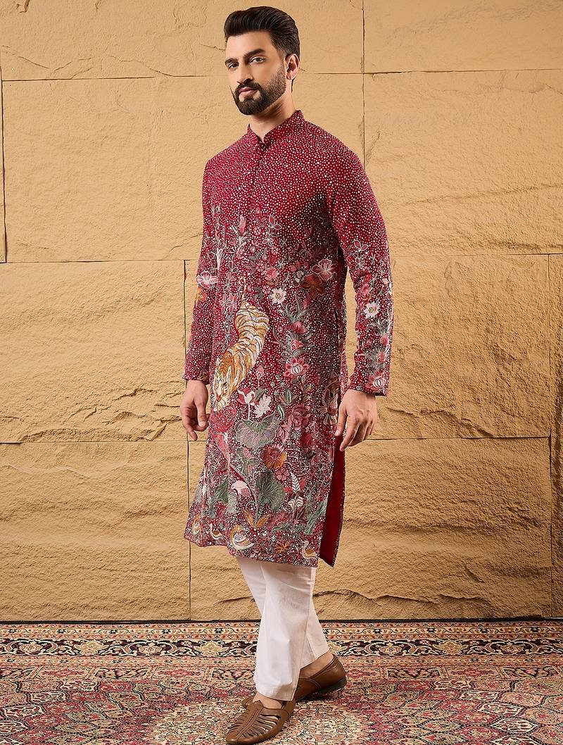 Men pink georgette solid embroidered straight kurta