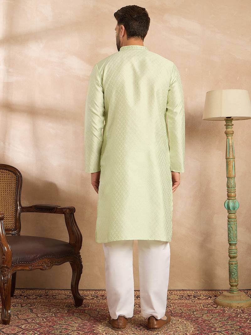 Men teal polyester solid embroidered straight kurta sets