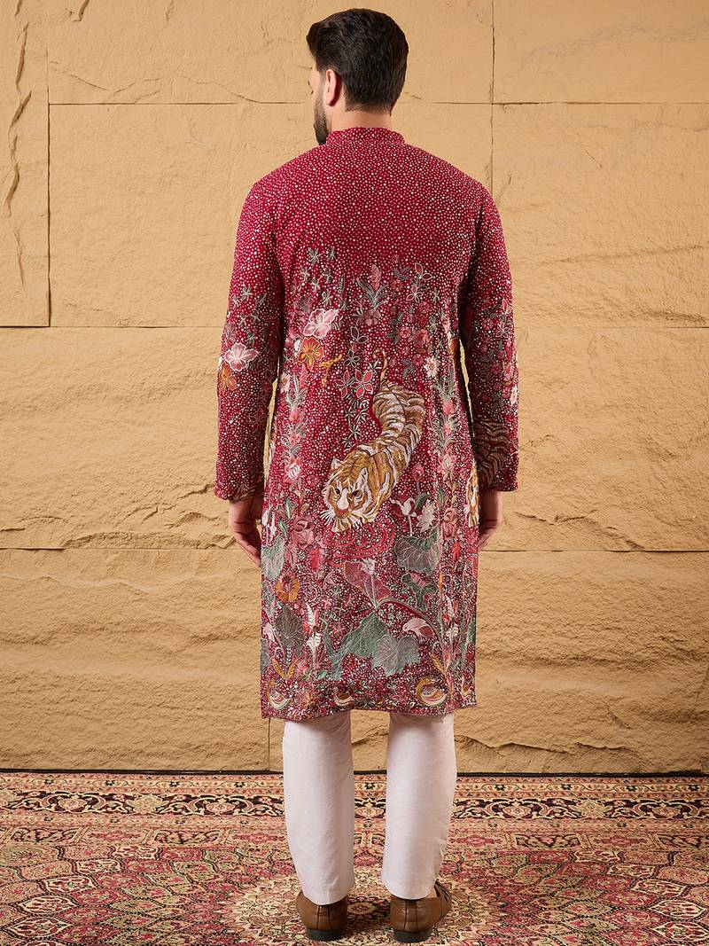 Men pink georgette solid embroidered straight kurta