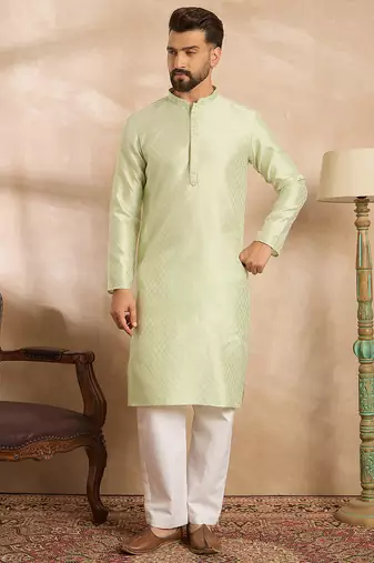 Men teal polyester solid embroidered straight kurta sets