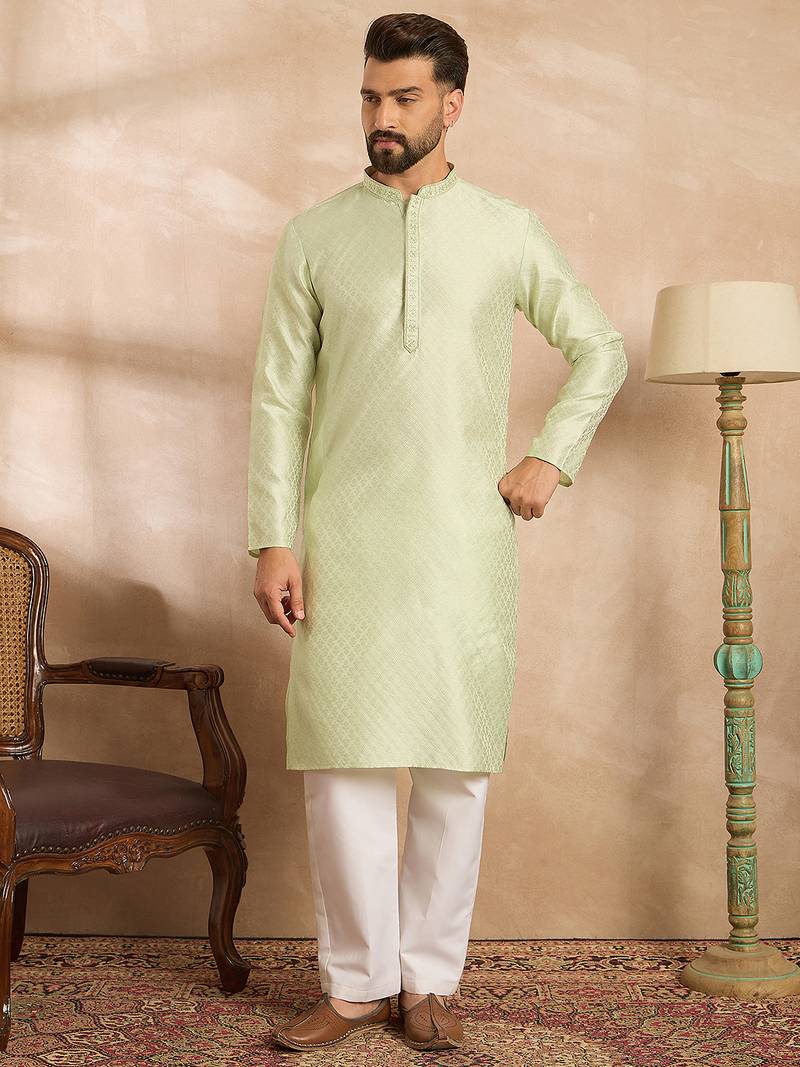 Men teal polyester solid embroidered straight kurta sets