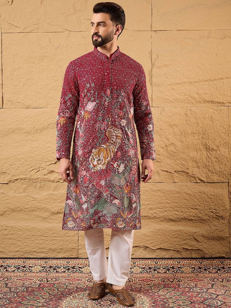 Men pink georgette solid embroidered straight kurta