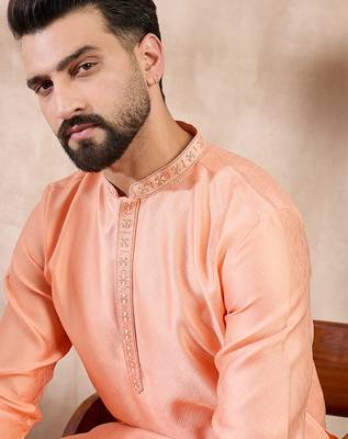 Men peach silk blend solid embroidered straight kurta with trouser 1