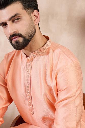 Men peach silk blend solid embroidered straight kurta with trouser