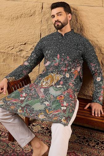 Men green georgette solid embroidered straight kurta