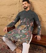 Men green georgette solid embroidered straight kurta