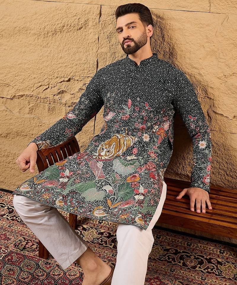 Men green georgette solid embroidered straight kurta