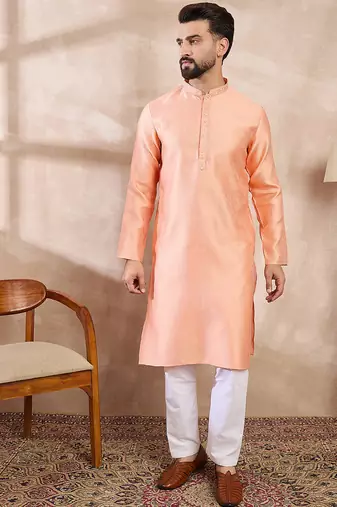 Men peach silk blend solid embroidered straight kurta with trouser