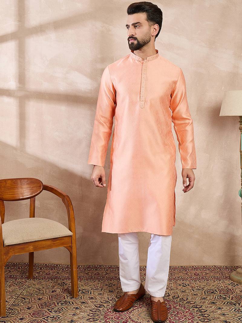 Men peach silk blend solid embroidered straight kurta with trouser
