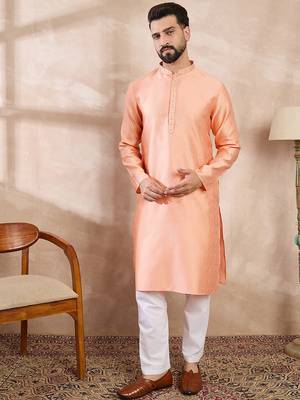 Men peach silk blend solid embroidered straight kurta with trouser 3