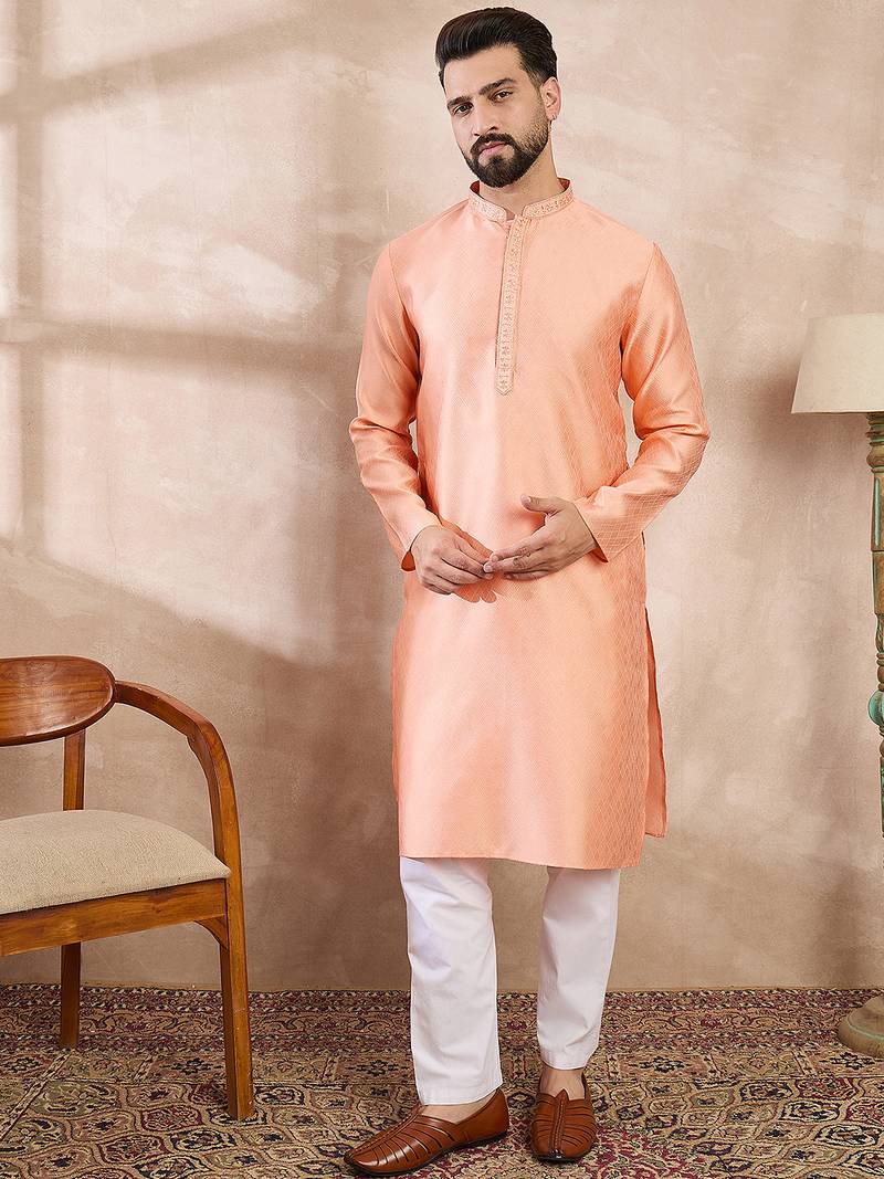 Men peach silk blend solid embroidered straight kurta with trouser