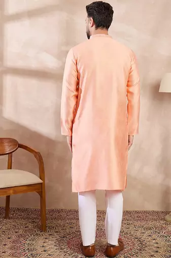 Men peach silk blend solid embroidered straight kurta with trouser
