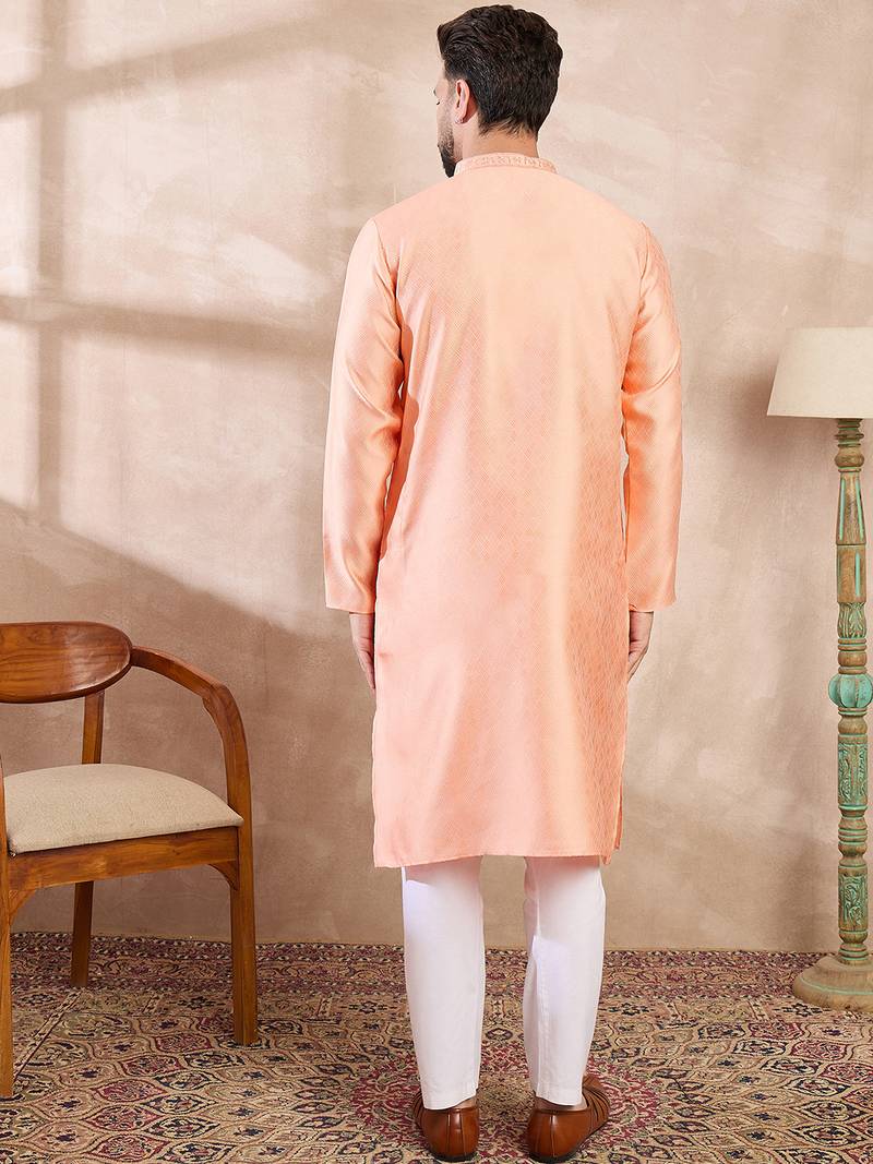 Men peach silk blend solid embroidered straight kurta with trouser