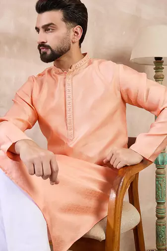 Men peach silk blend solid embroidered straight kurta with trouser