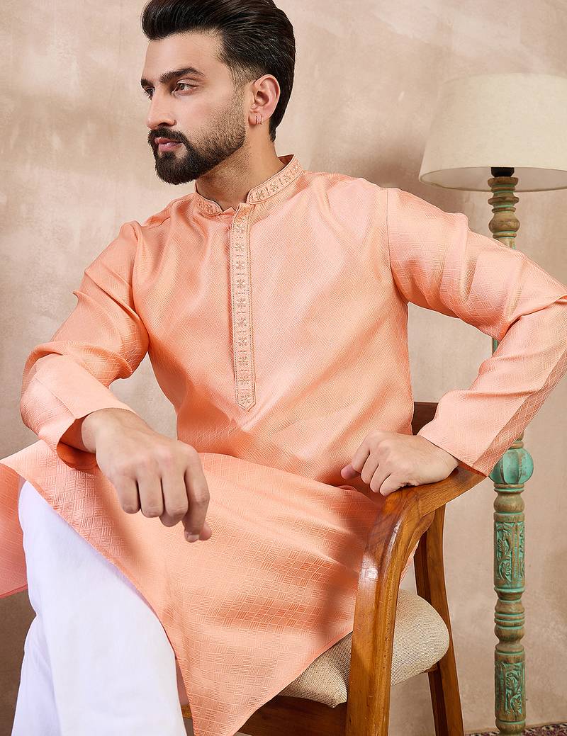 Men peach silk blend solid embroidered straight kurta with trouser