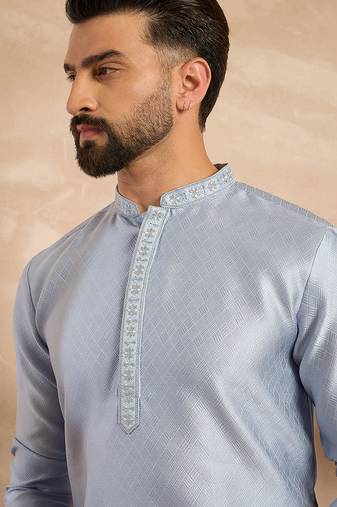 Men blue polyester solid embroidered straight kurta sets