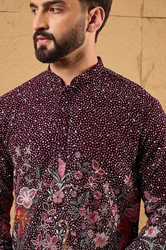 Men purple georgette solid embroidered straight kurta