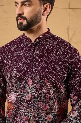 Men purple georgette solid embroidered straight kurta