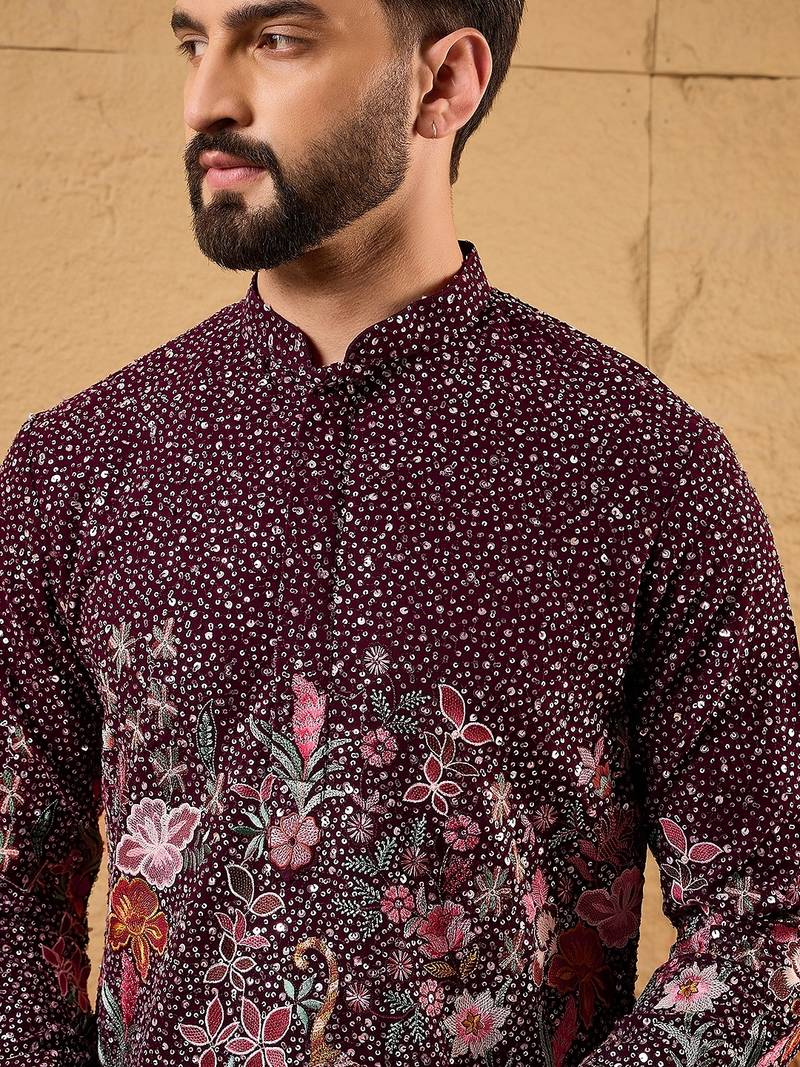 Men purple georgette solid embroidered straight kurta