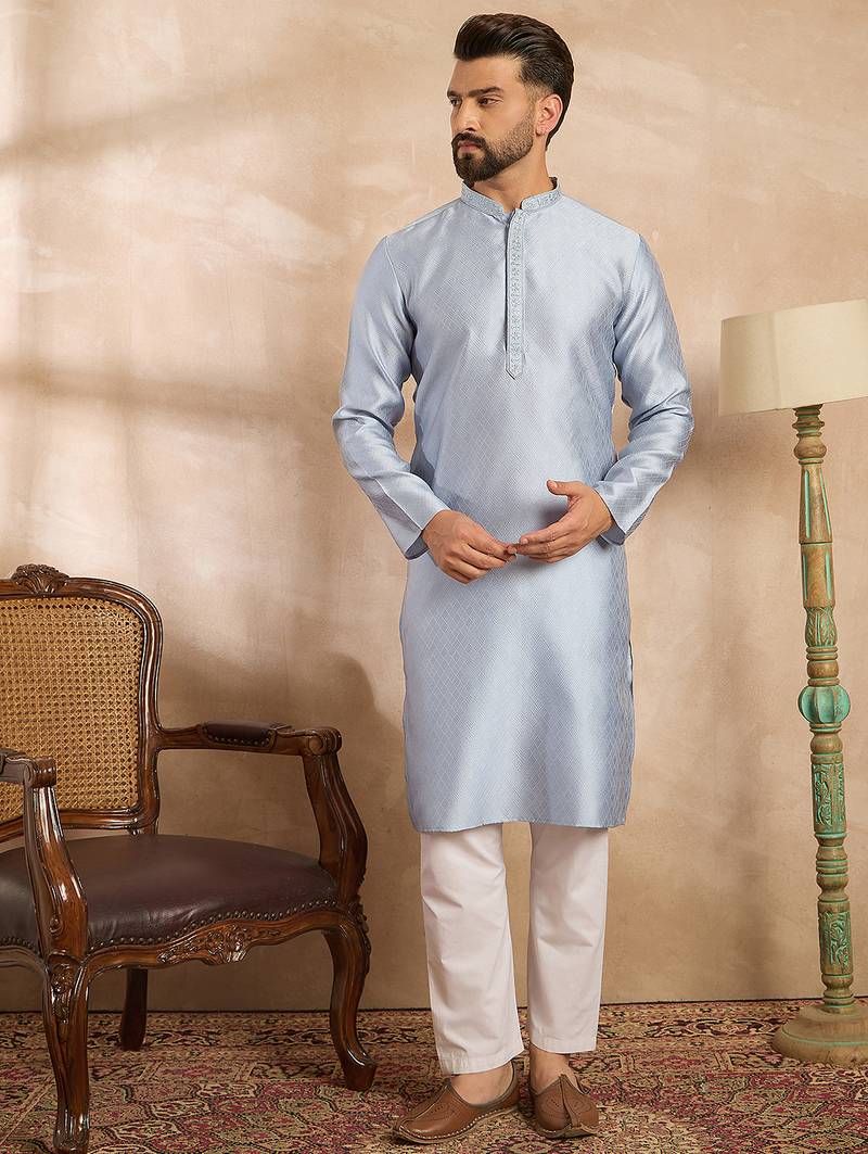 Men blue polyester solid embroidered straight kurta sets