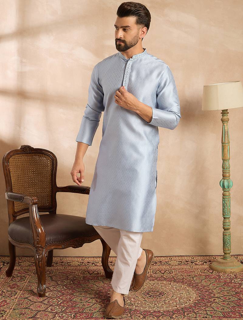 Men blue polyester solid embroidered straight kurta sets
