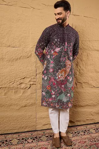 Men purple georgette solid embroidered straight kurta