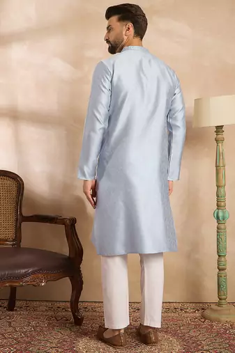Men blue polyester solid embroidered straight kurta sets