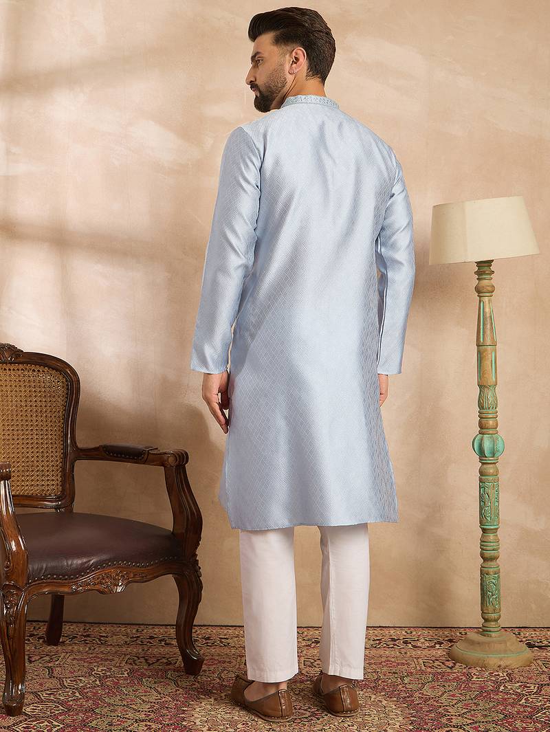 Men blue polyester solid embroidered straight kurta sets