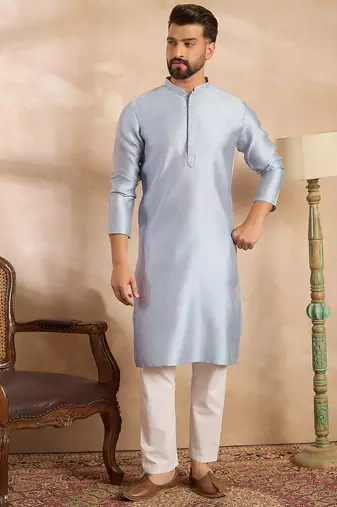 Men blue polyester solid embroidered straight kurta sets