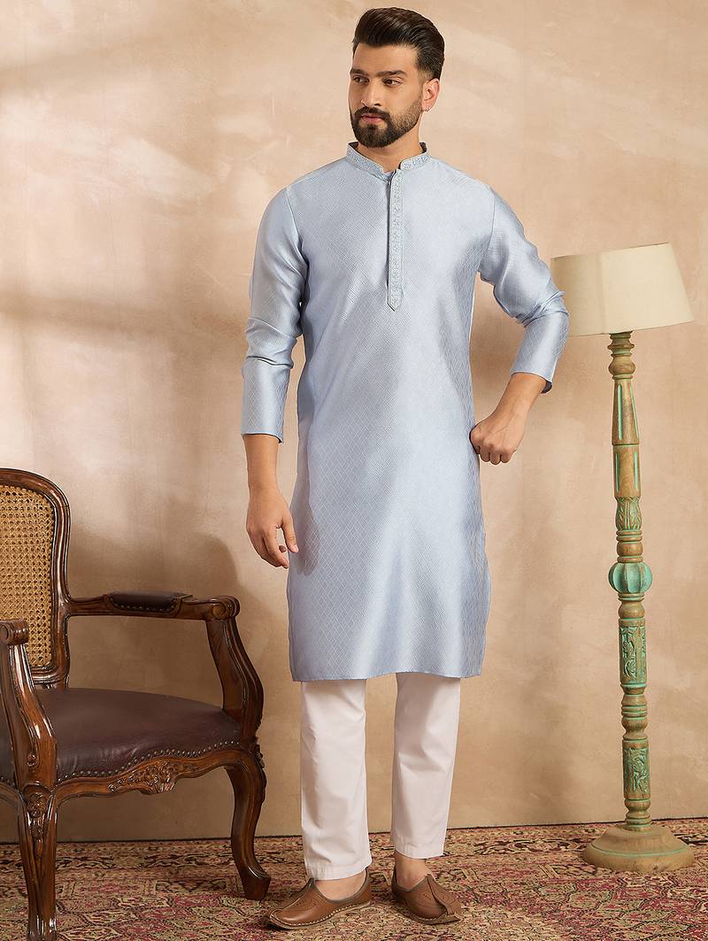 Men blue polyester solid embroidered straight kurta sets