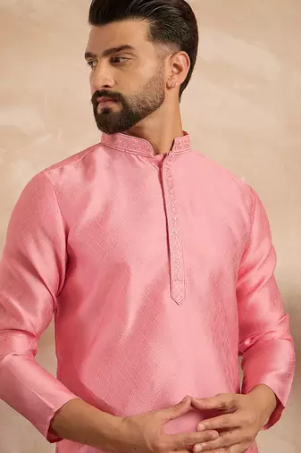 Men pink polyester solid embroidered straight kurta sets