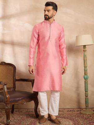 Men pink polyester solid embroidered straight kurta sets 2